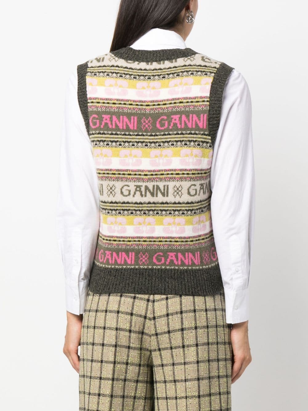 Shop Ganni Ribbed V-neck Intarsia-knit Vest In Pink