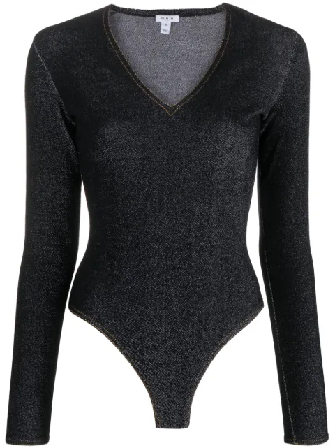 Alaïa denim-effect V-neck bodysuit