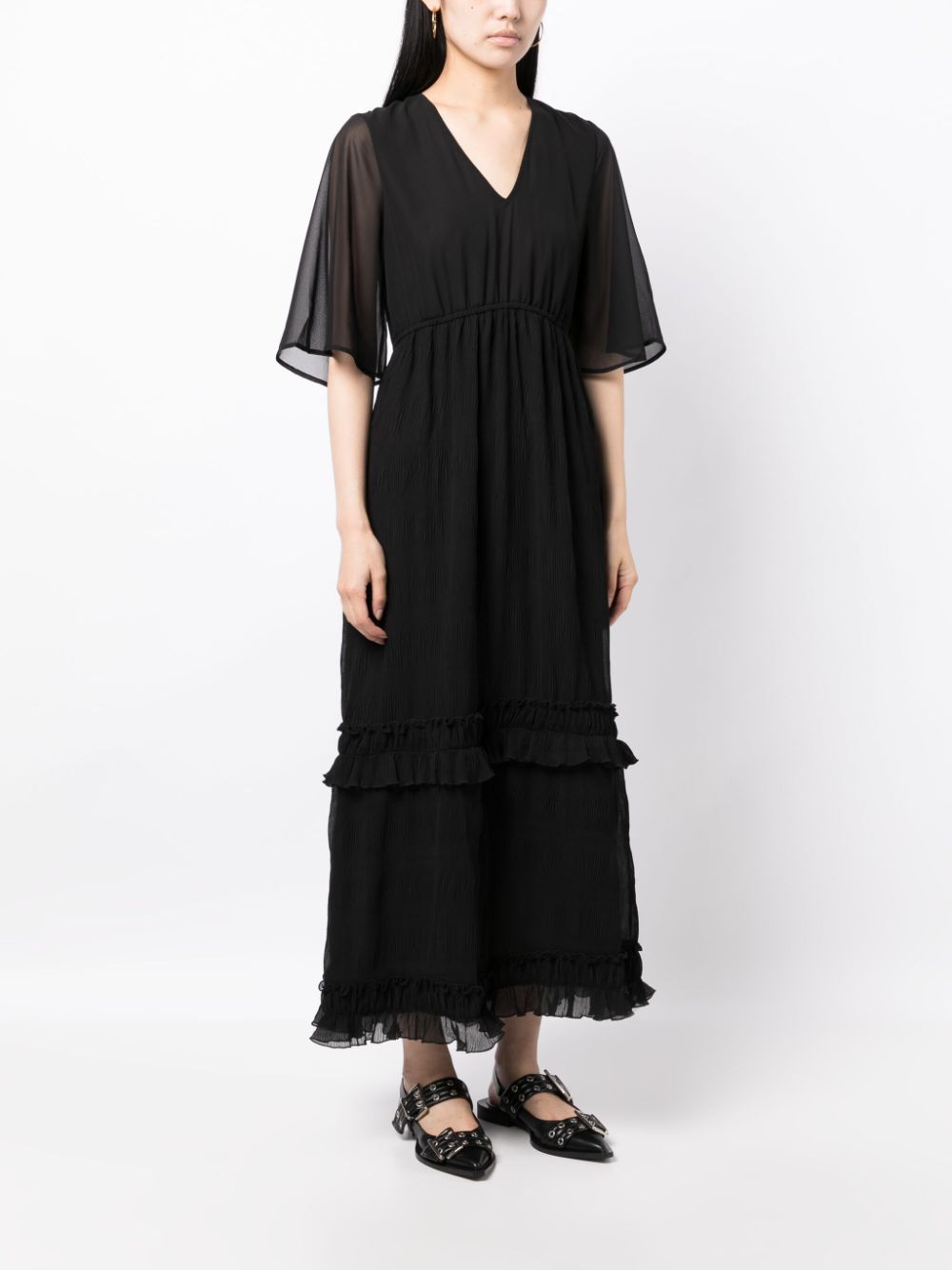Shop Ganni Georgette Ruffle-detailing Dress In Black