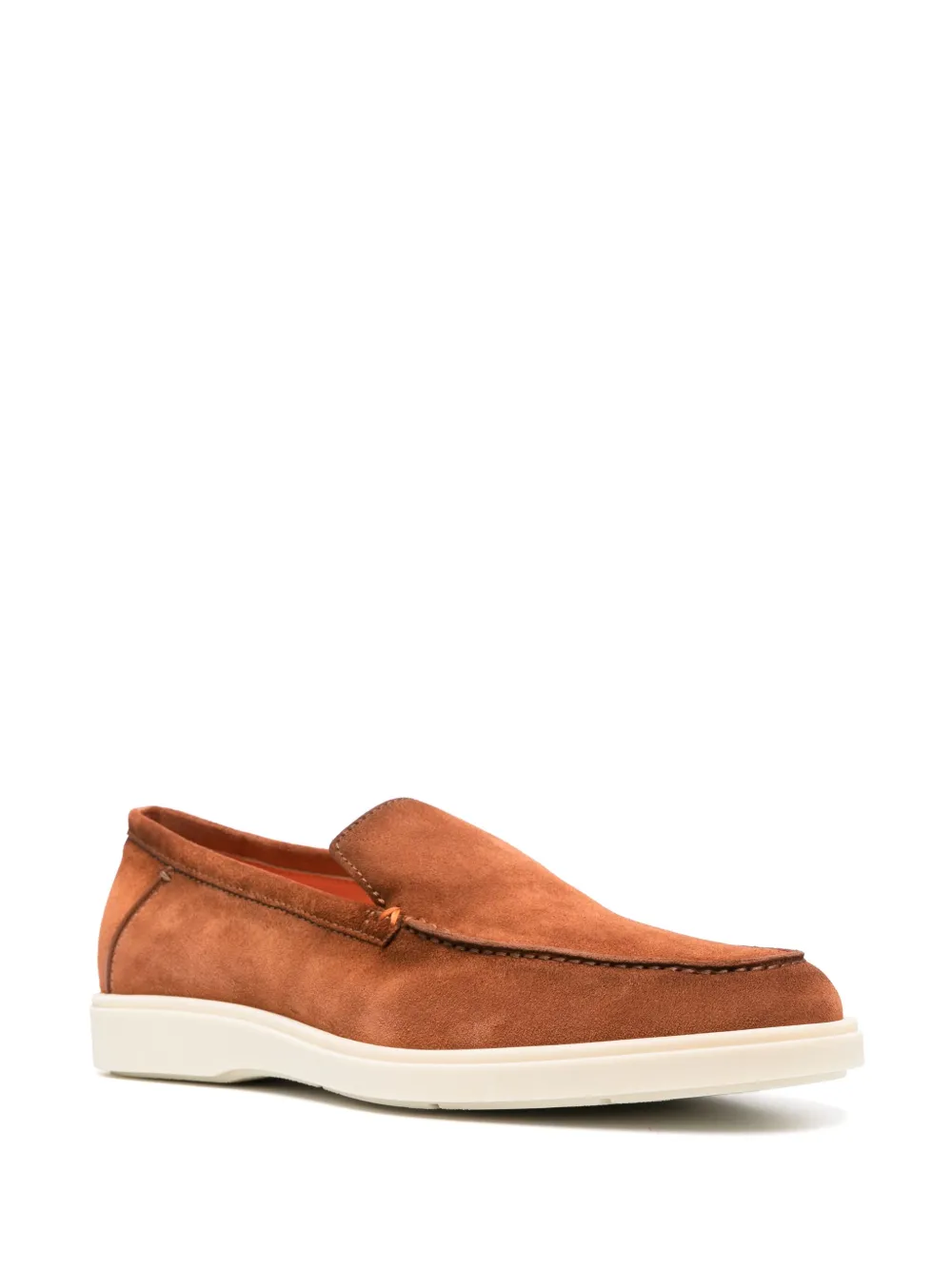 Shop Santoni Almond-toe Suede Loafers In Brown