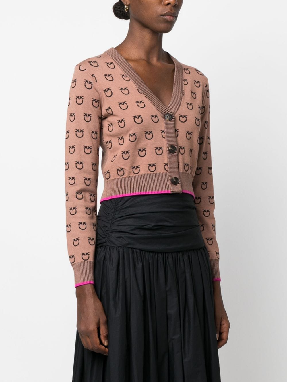 Shop Pinko Monogram-jacquard Cropped Cardigan In Brown