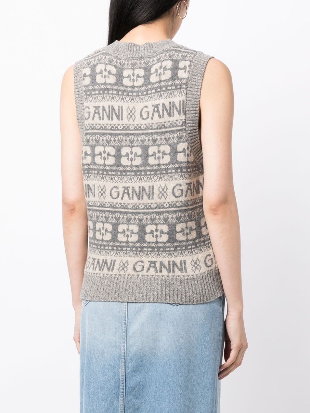 Shop Ganni Logo Intarsia-knit V-neck Vest In Green