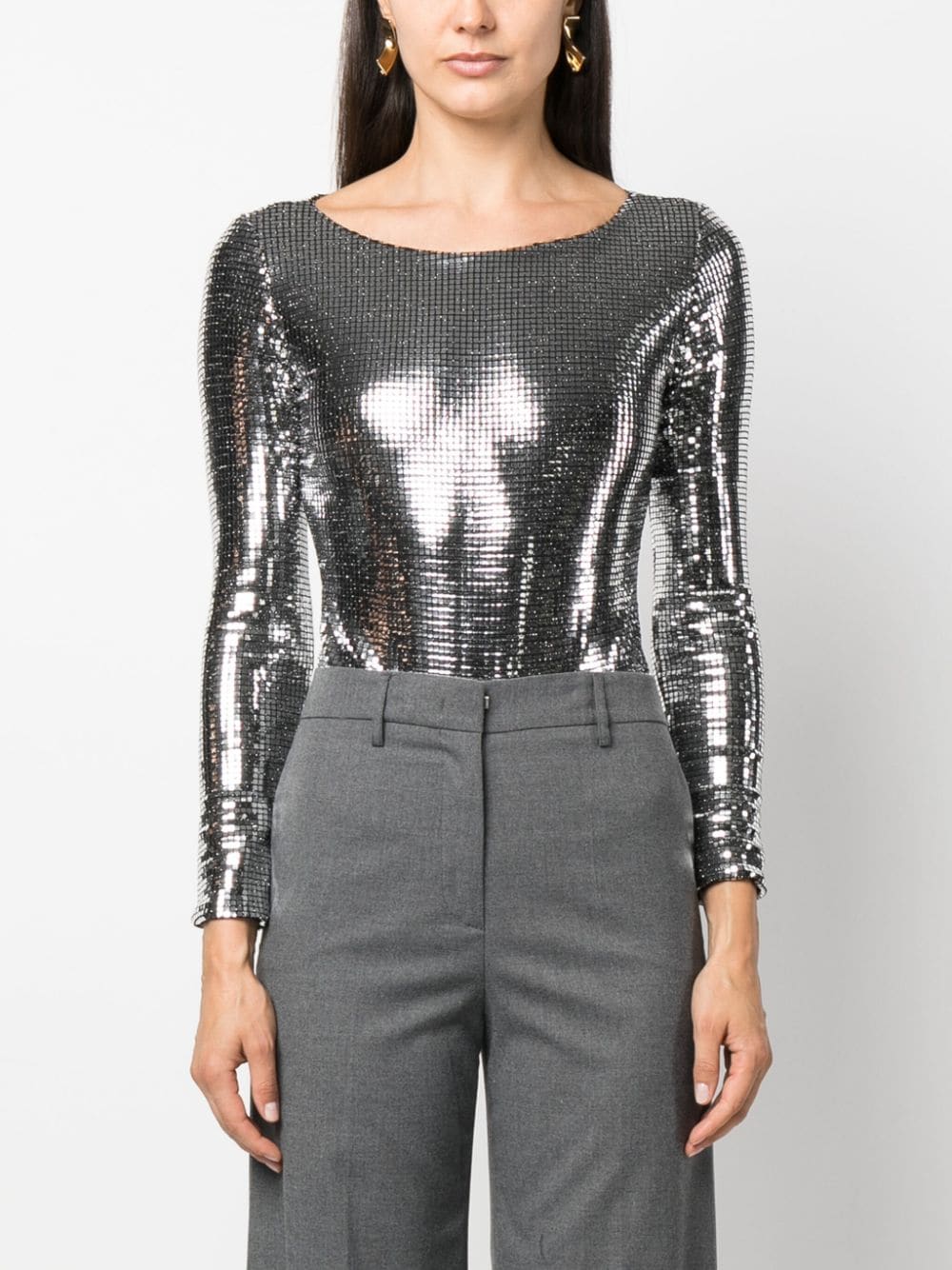 Shop Blanca Vita Metallic-finish Long-sleeve Bodysuit In Silver