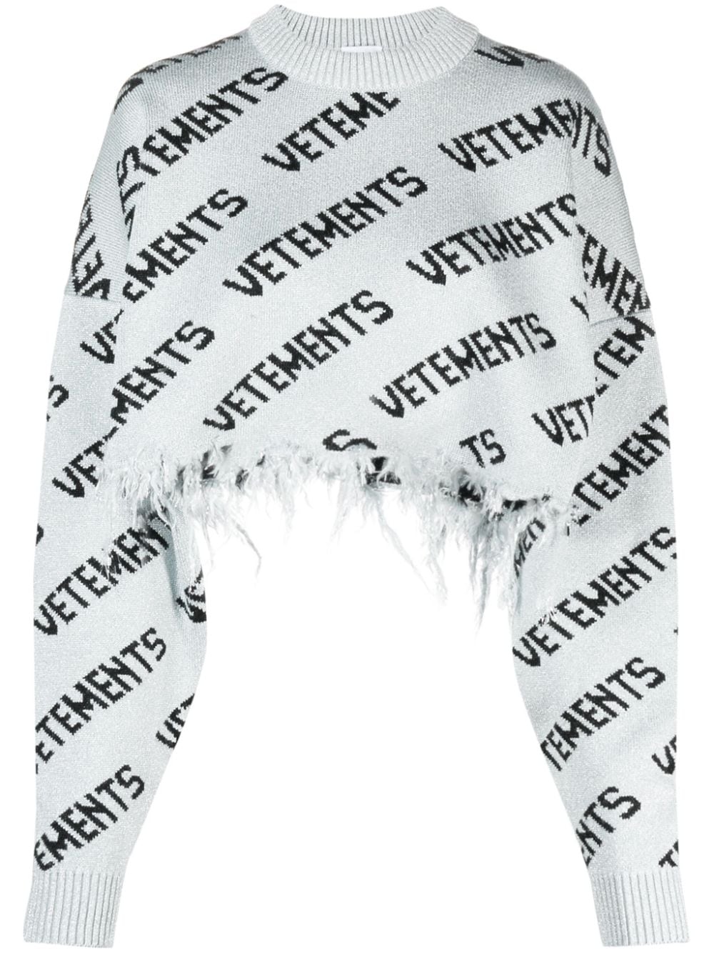 Shop Vetements Frayed-hem Intarsia-knit Jumper In Silver