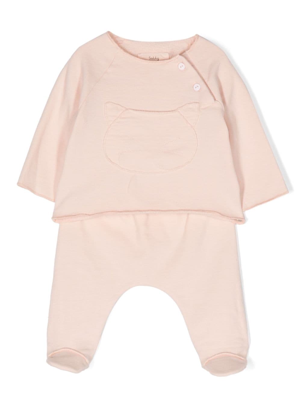 Teddy & Minou Babies' Cat-appliqué Trouser Set In Pink