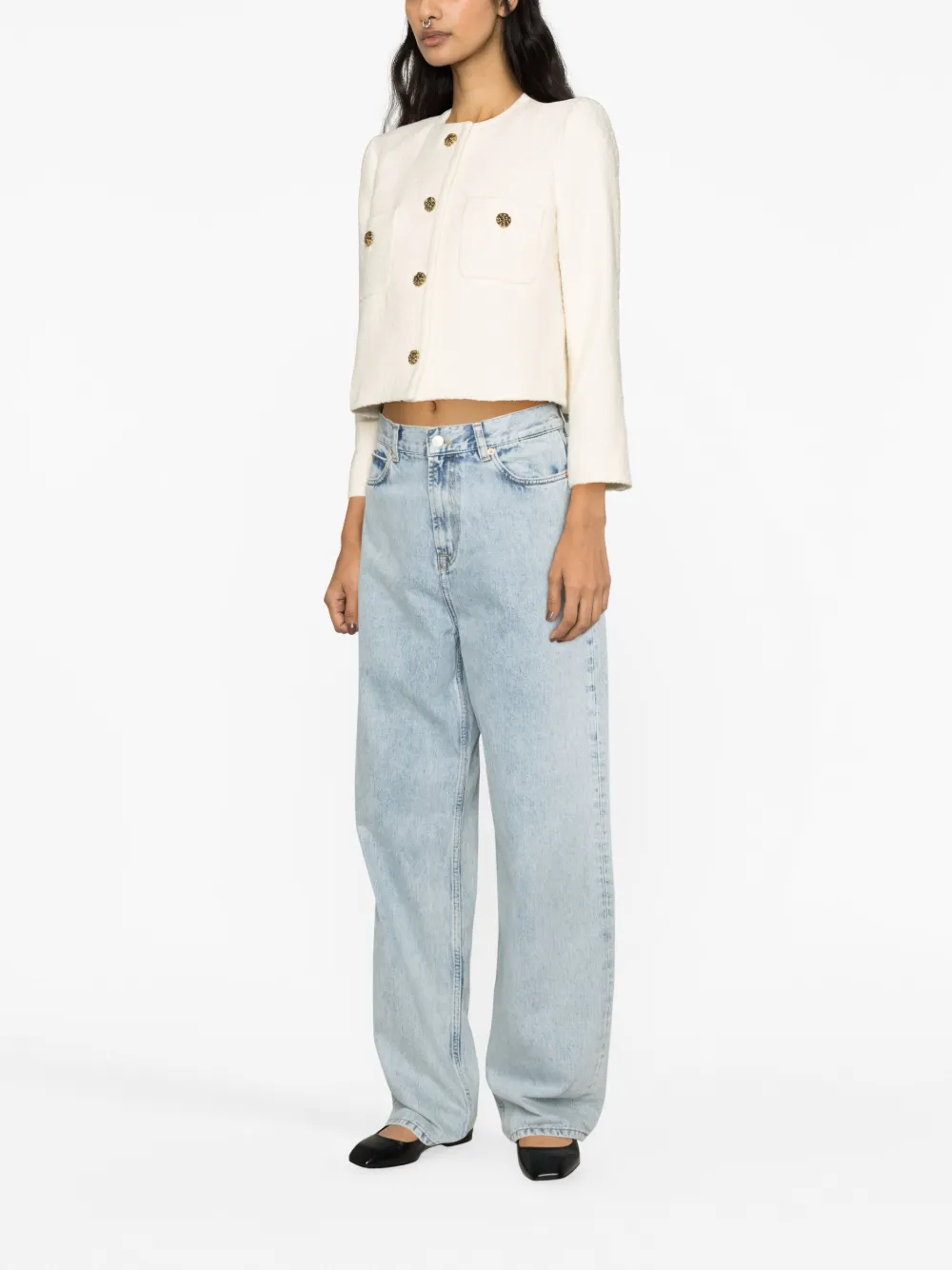 Ba&sh 'meredith' White Crop Jacket With Round Neck And Metal Buttons In Neutrals