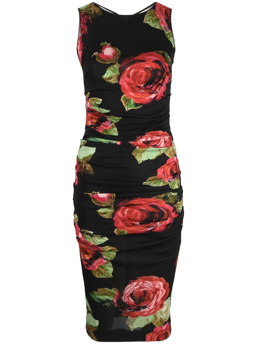 Pre-owned Dolce & Gabbana Rose Print Fitted Sleeveless Dress In Black