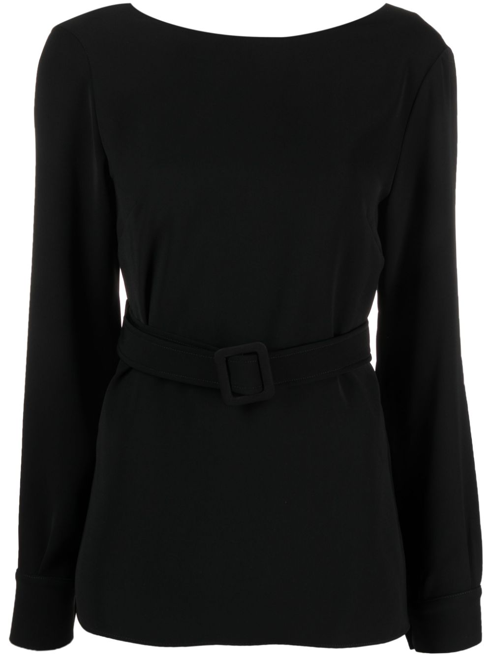 belted long-sleeved blouse