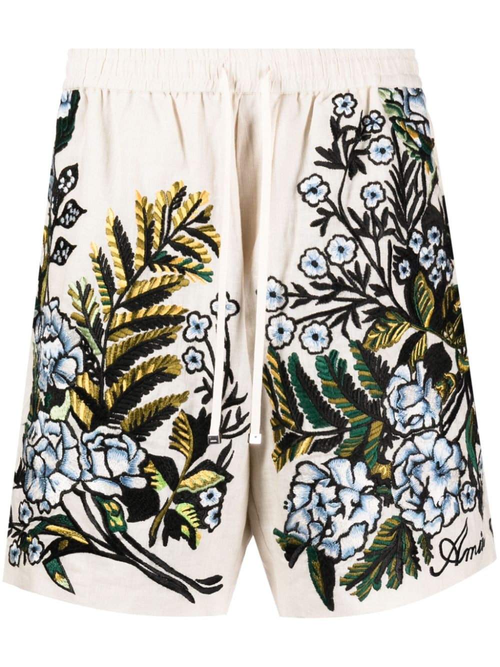 Amiri Floral-embroidered Linen Track Shorts In Brown