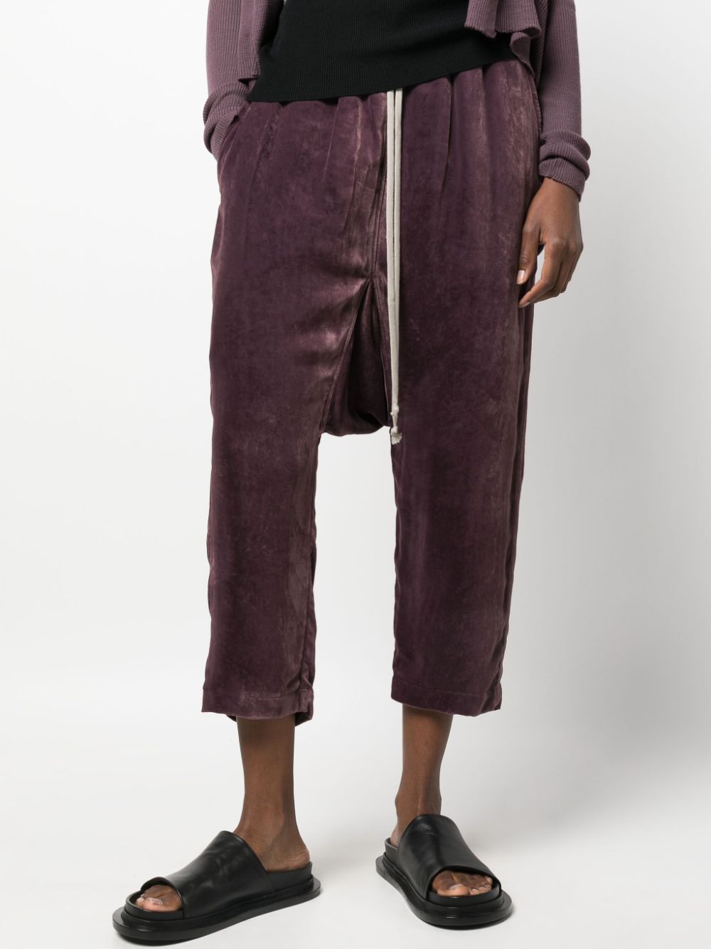 Shop Rick Owens Drop-crotch Velour Cropped Trousers In Purple