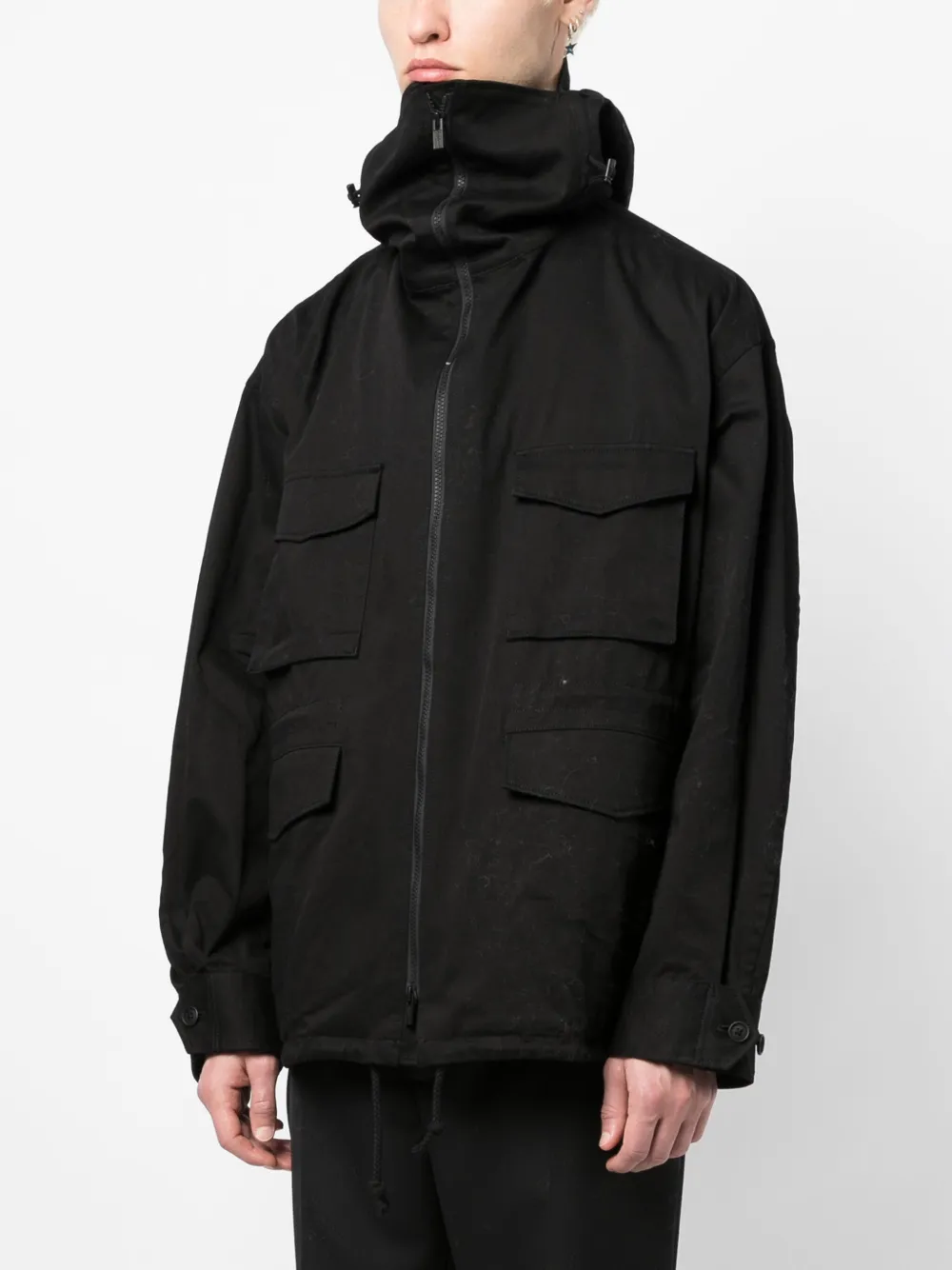 Shop Yohji Yamamoto Drawstring-hooded Cargo-pocket Jacket In Black