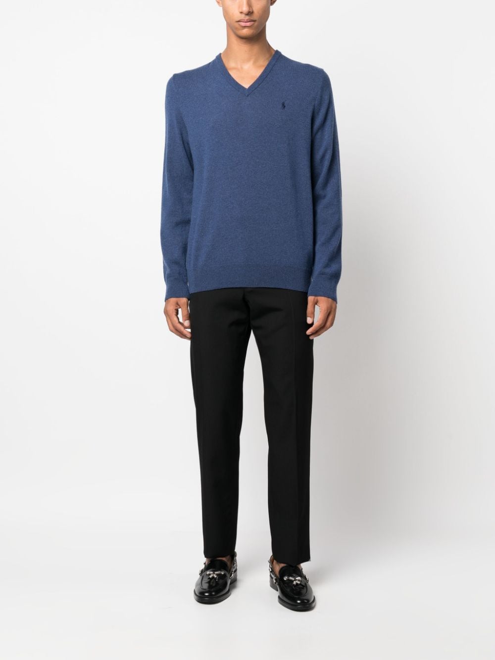 Shop Polo Ralph Lauren Mélange-effect V-neck Wool Jumper In Blau