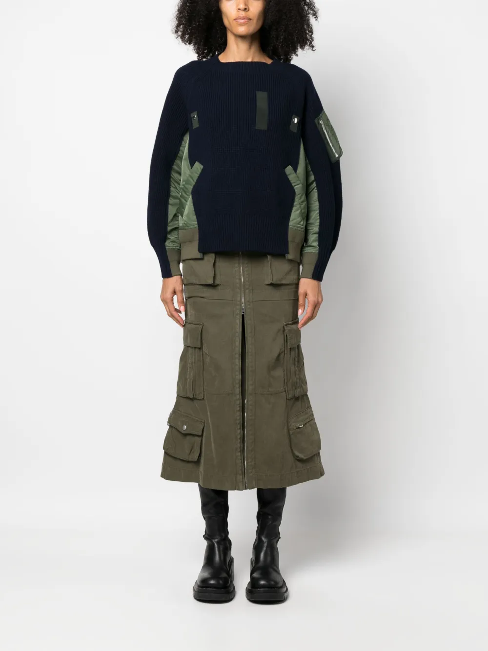 sacai panelled fisherman's-knit jumper - Blauw