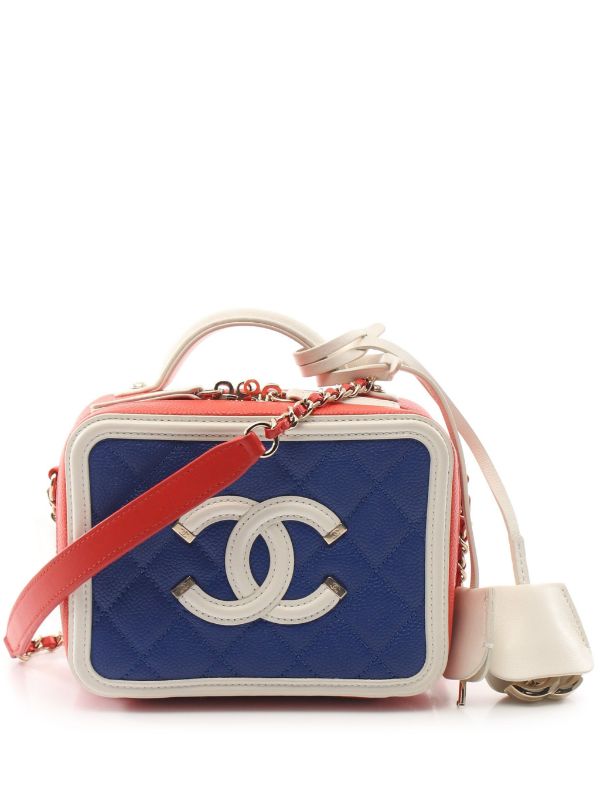 Chanel Navy and White Quilted Caviar CC Filigree Vanity Case Silver Hardware, 2019 (Very Good), White/Blue Womens Handbag