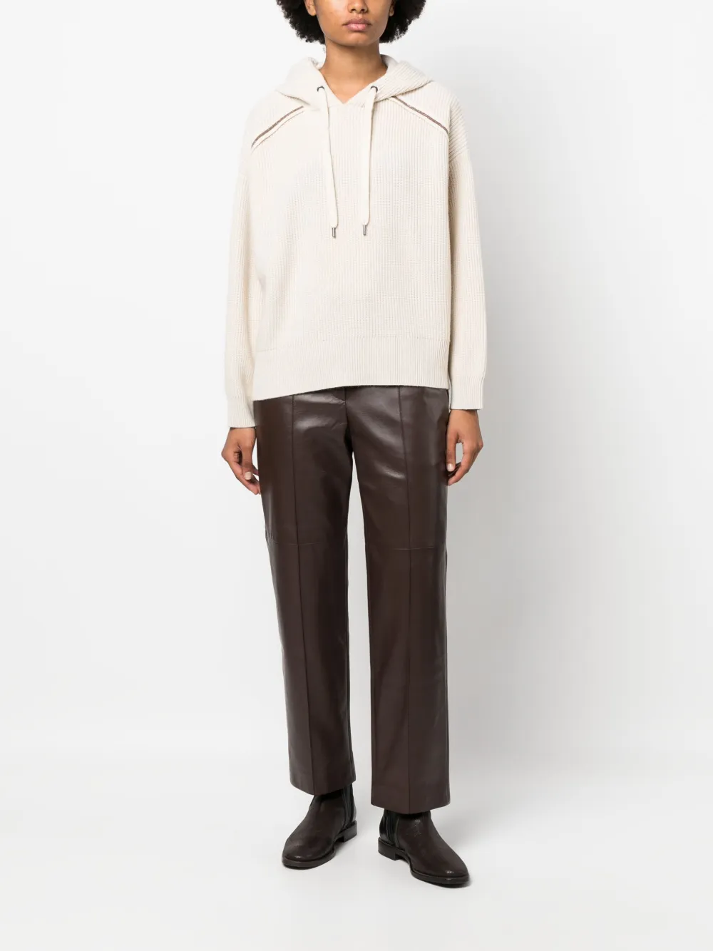 Brunello Cucinelli Monili-trim ribbed cashmere hoodie - Beige