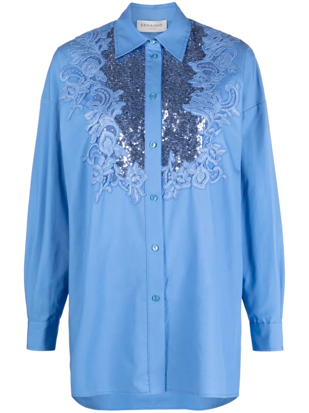 ERMANNO FIRENZE sequin-embellished floral-lace shirt - Blu