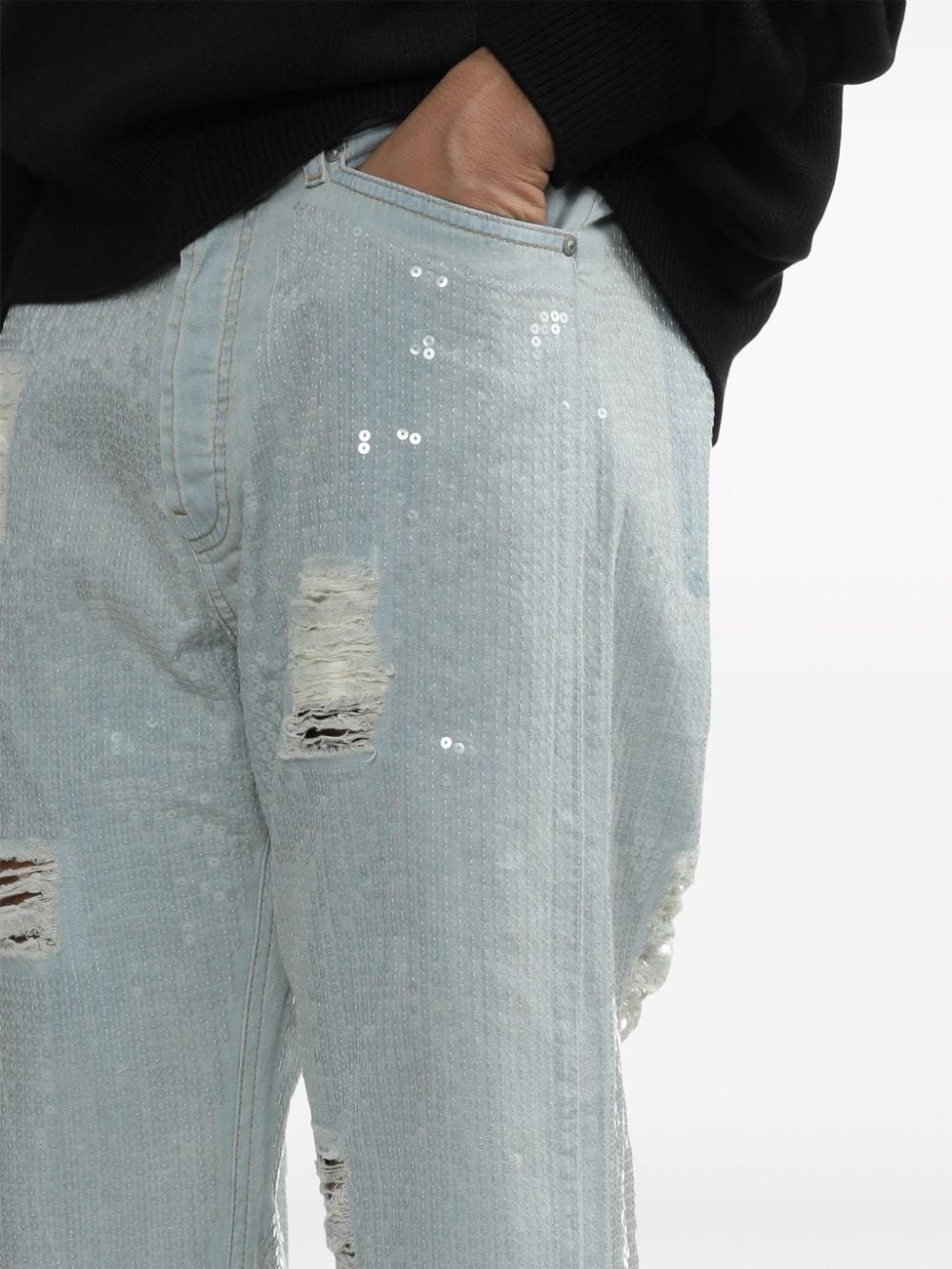Shop Palm Angels Sequin-embellished Ripped Jeans In 蓝色