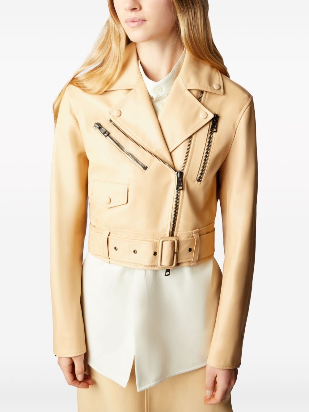 Shop Tod's Cropped Leather Biker Jacket In Neutrals