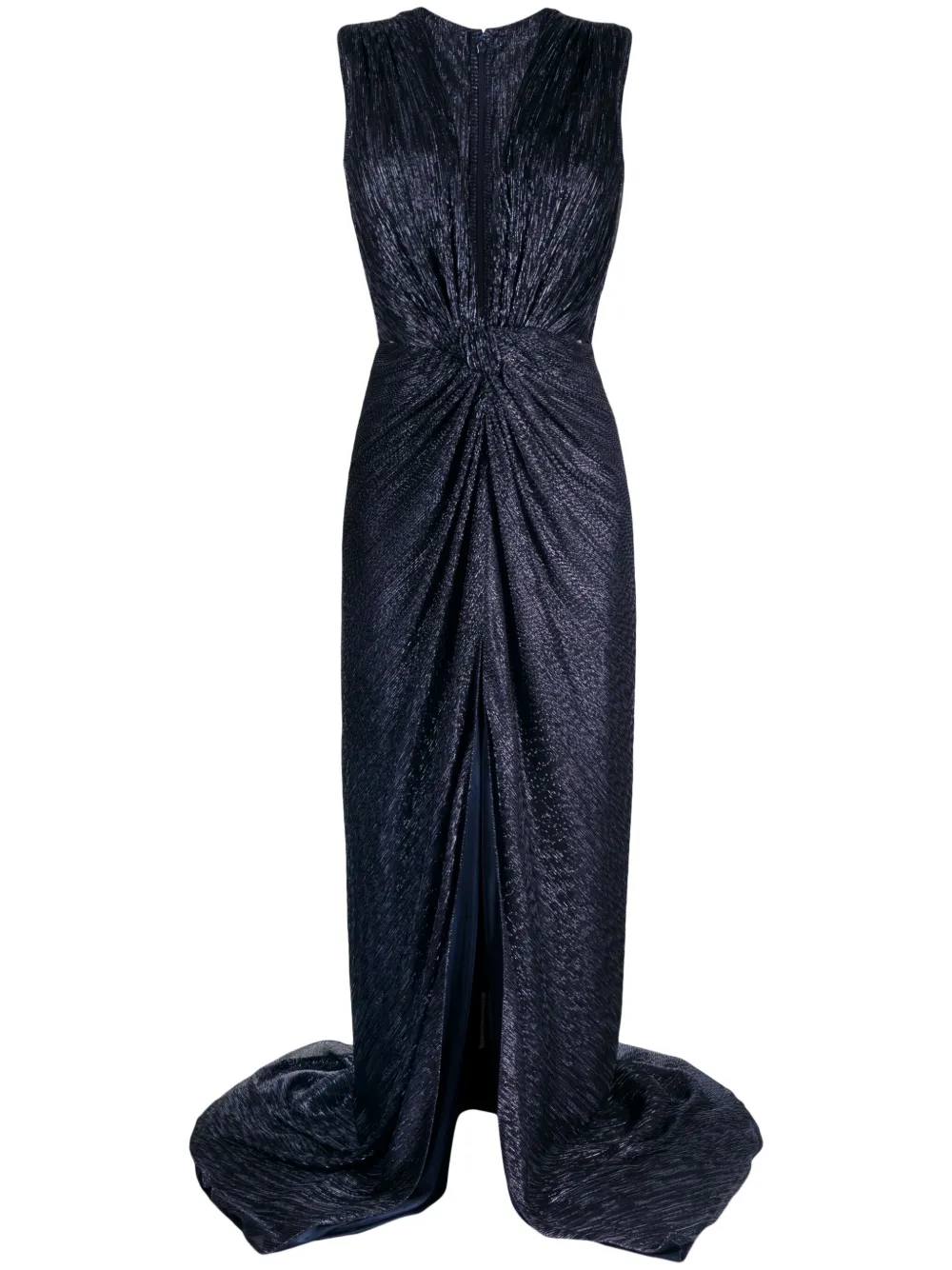 Costarellos Mireille Twist-front Metallic Plissé-jersey Gown In Blue