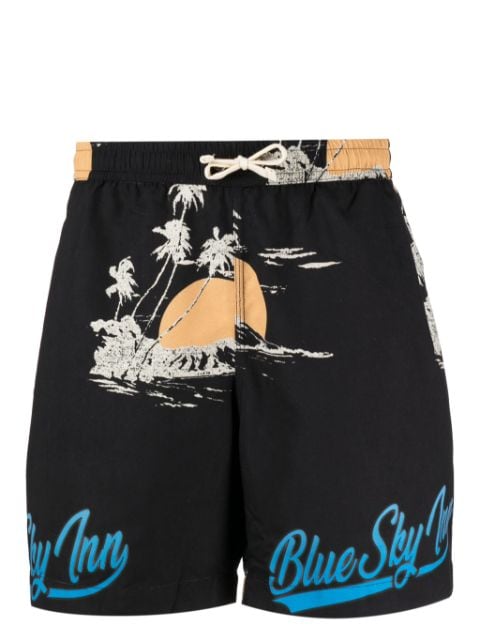 BLUE SKY INN shorts de playa con palmeras estampadas