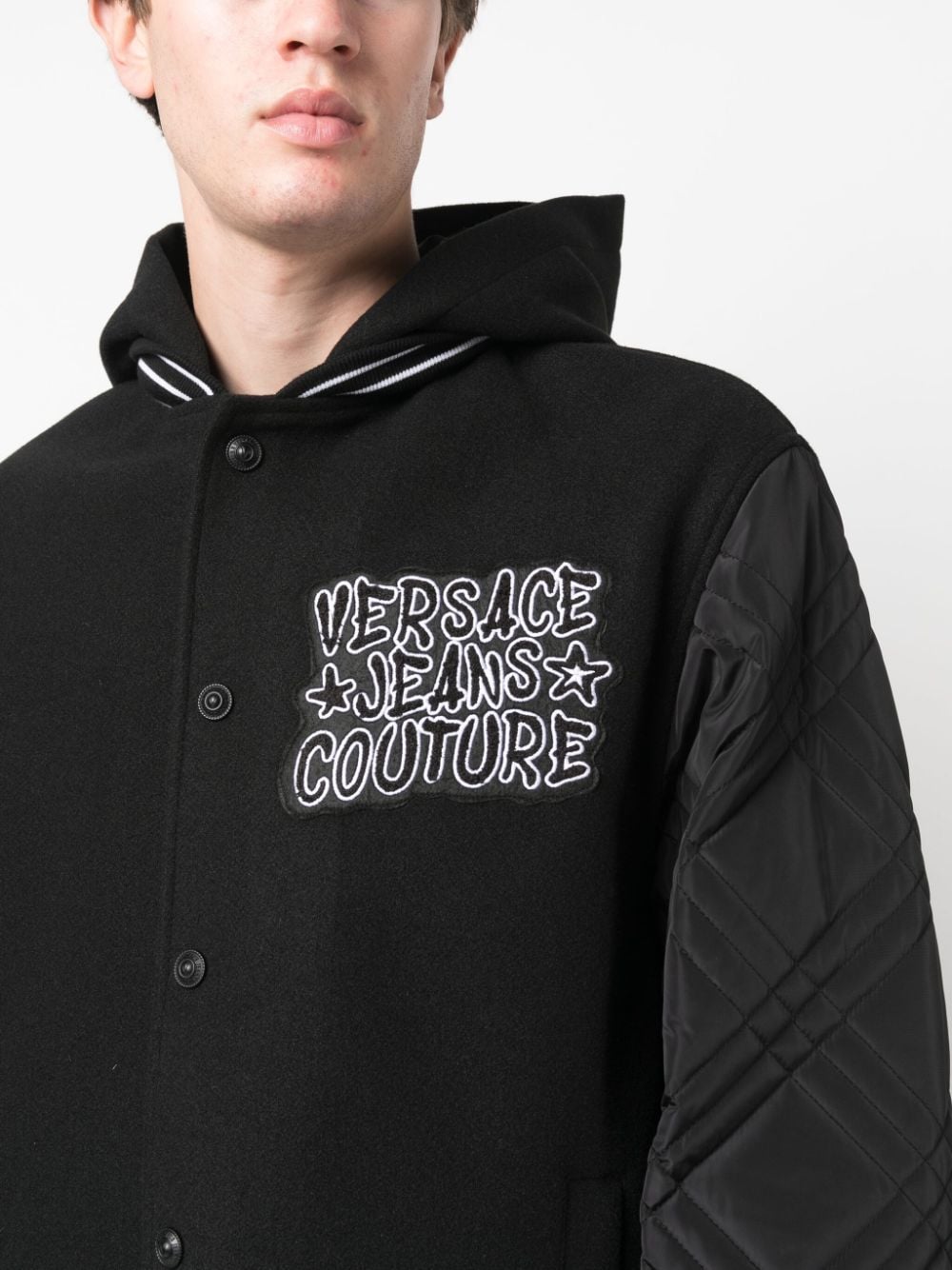 Shop Versace Jeans Couture Logo-patch Hooded Bomber Jacket In Black