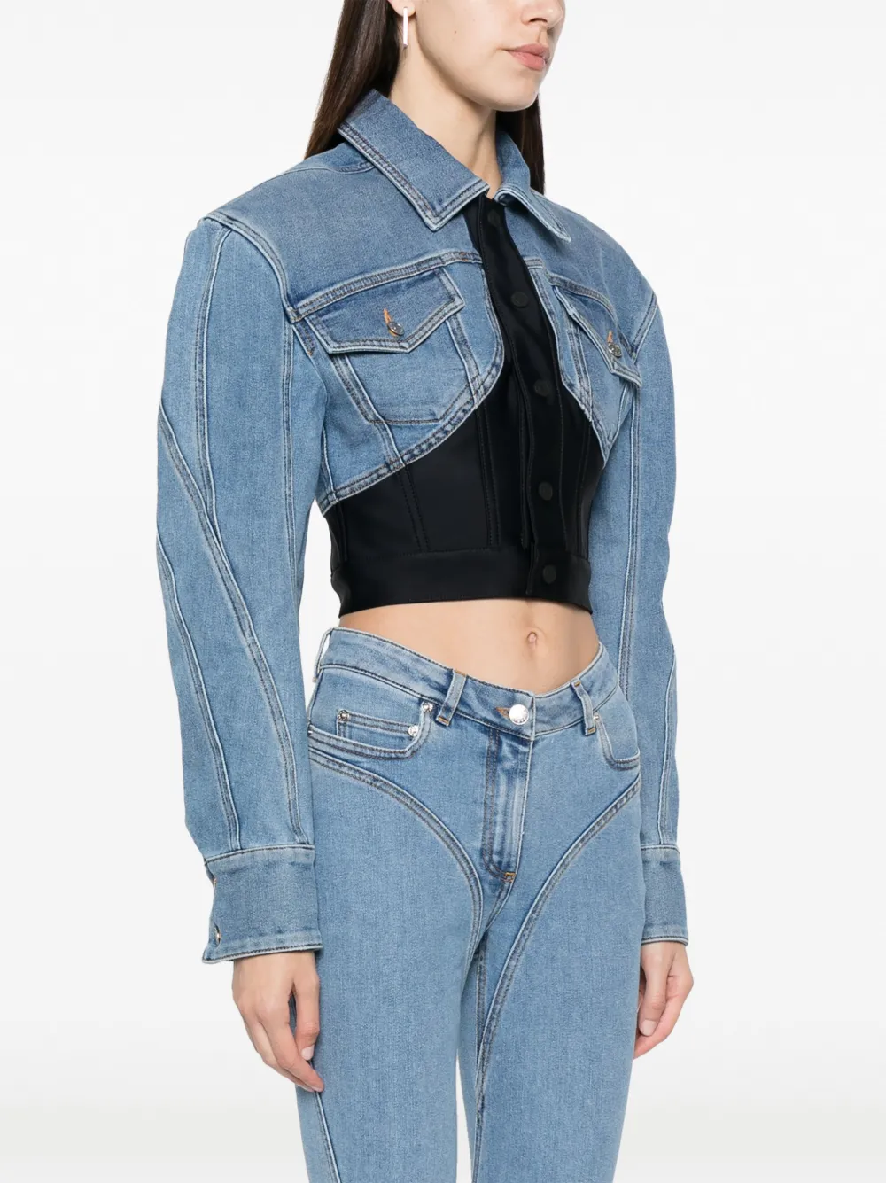 Shop Mugler Cropped Denim Jacket In Blau