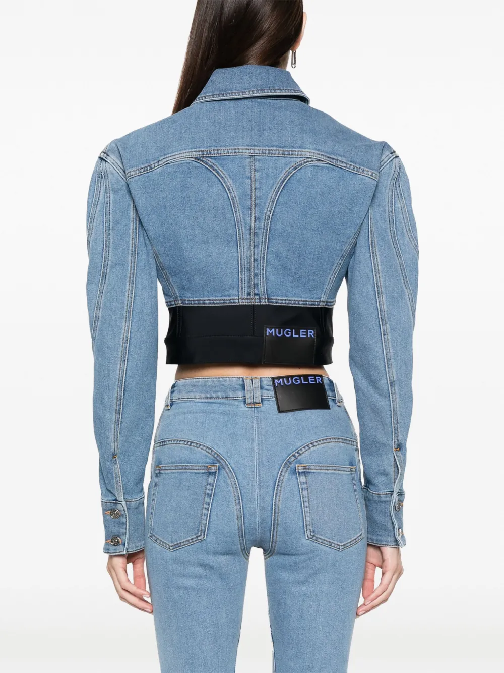 Shop Mugler Cropped Denim Jacket In Blau