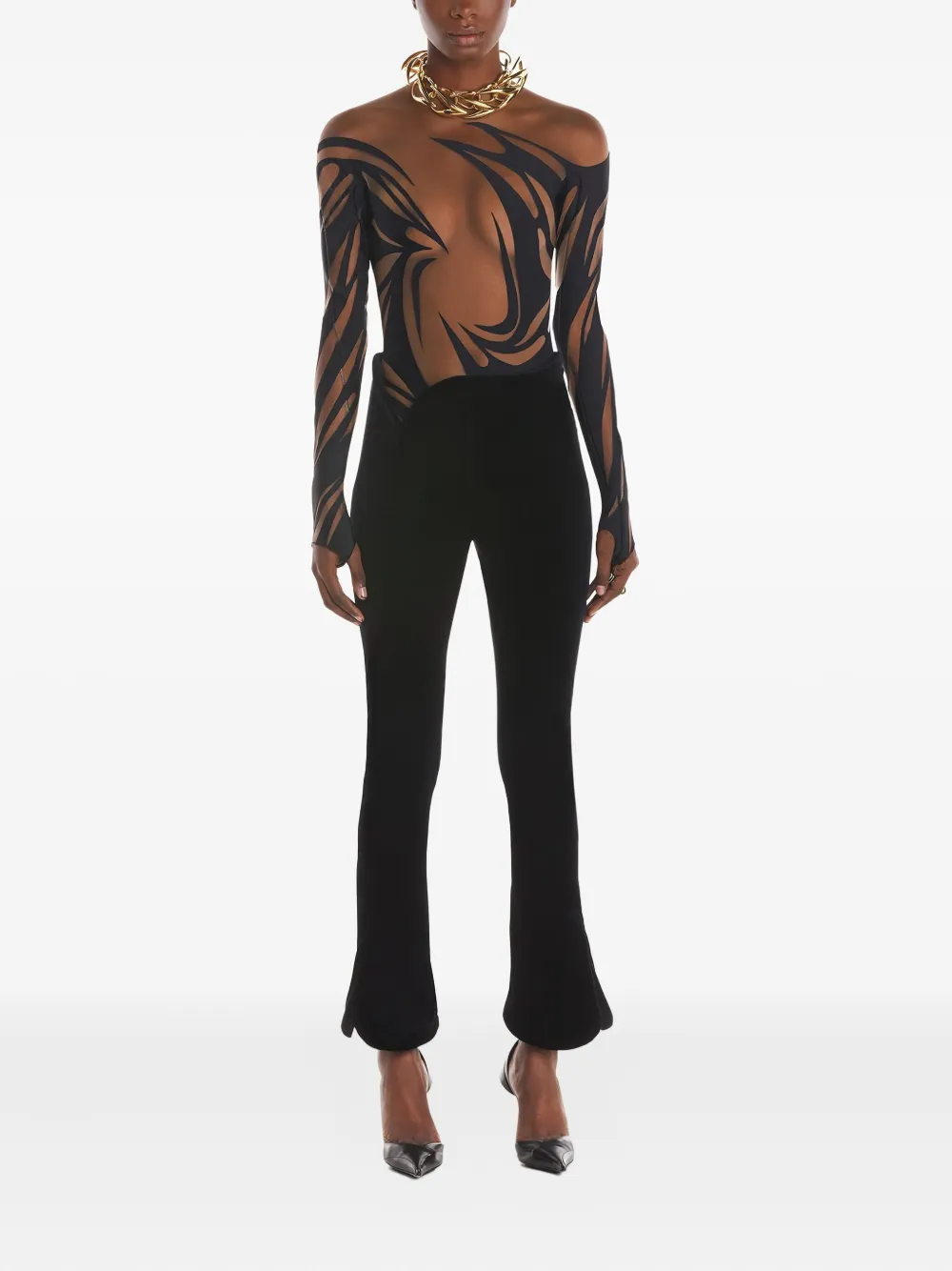 Mugler Abstract-print Long-sleeve Bodysuit In Neutral