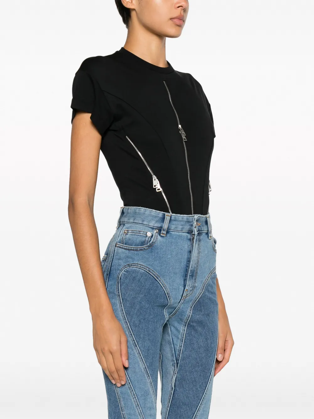 Mugler Zipped Jersey Bodysuit In Schwarz