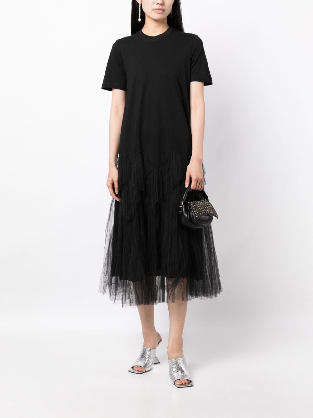 Shop Jnby Tulle-panel Cotton Midi Dress In Black