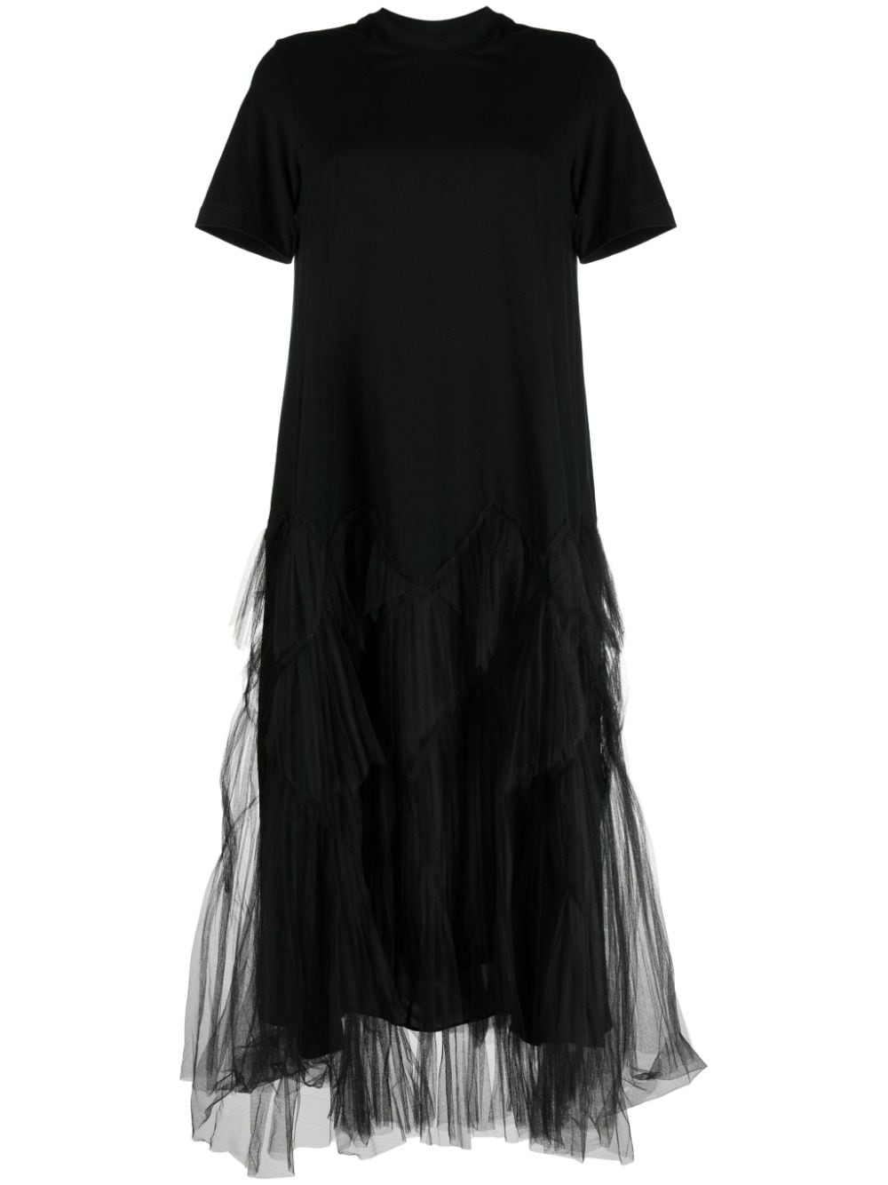 Jnby Tulle-panel Cotton Midi Dress In Black