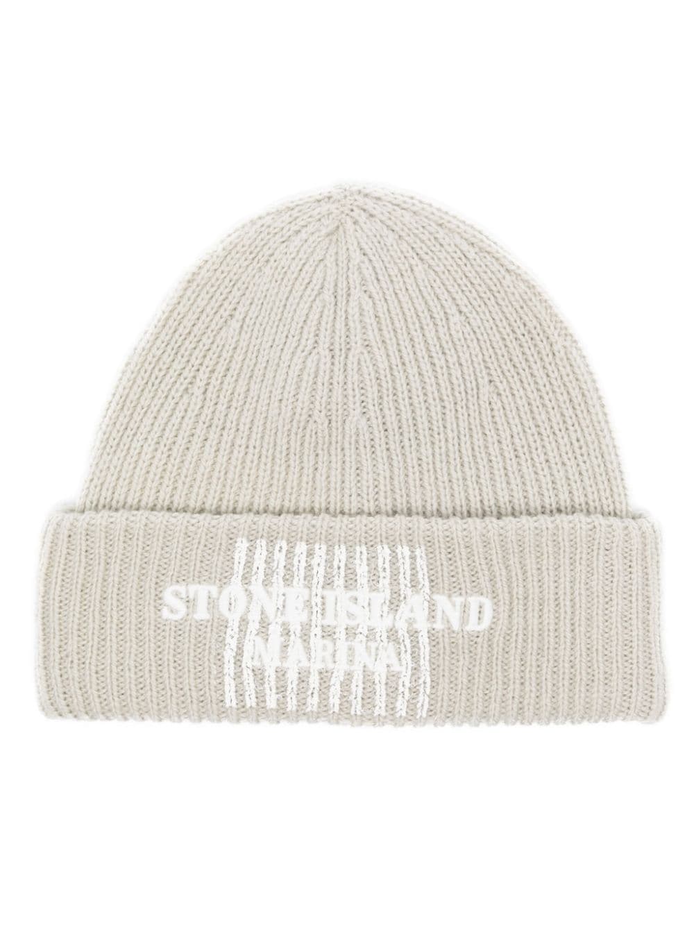 Stone Island Logo-embroidery Ribbed Beanie In Neutrals