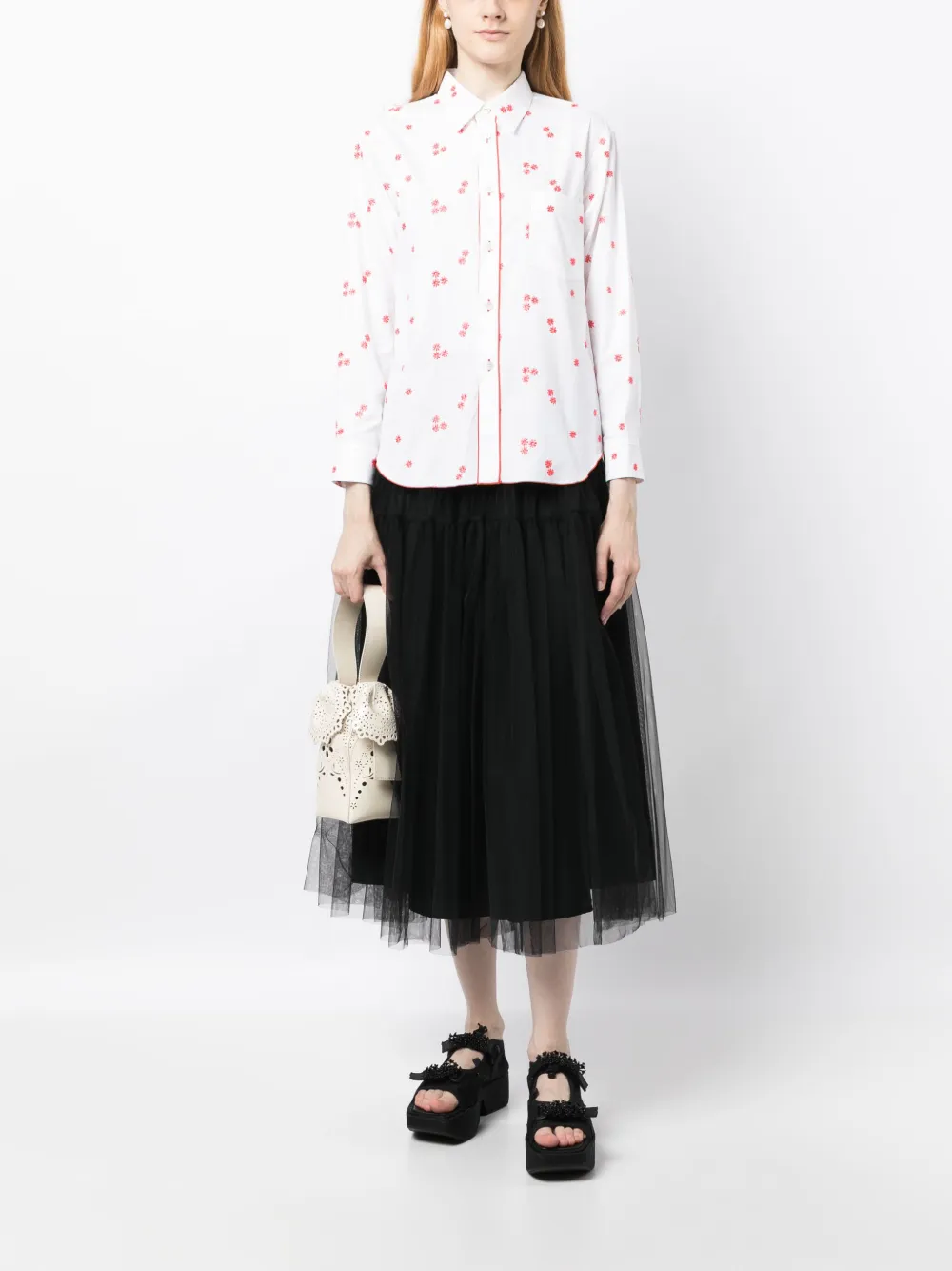 Shop Comme Des Garçons Tao Floral-embroidery Cotton Shirt In White