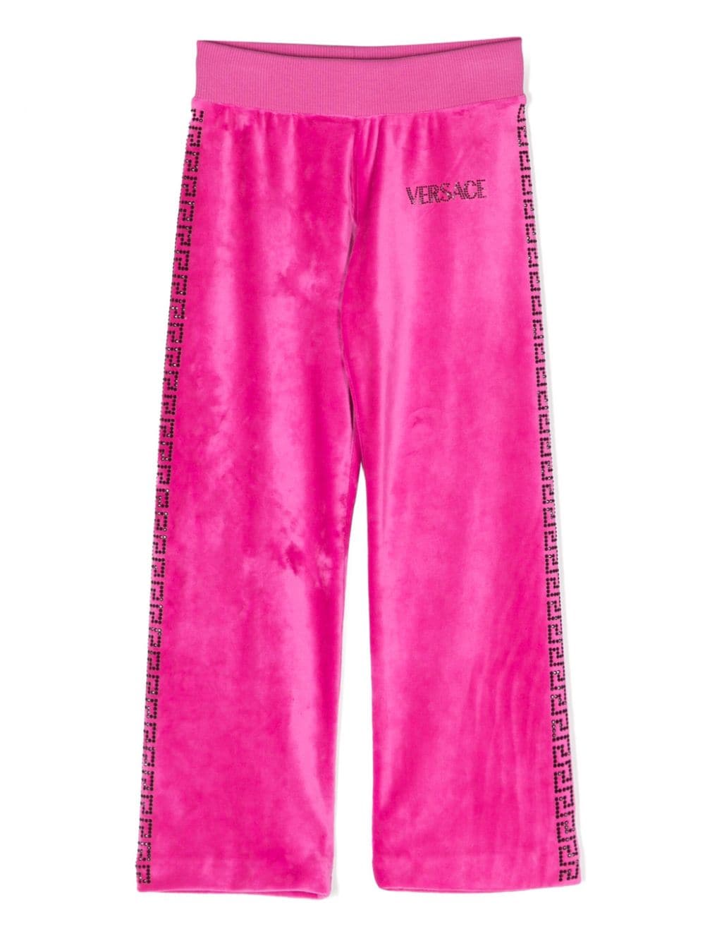 Shop Versace Crystal-embellished Greca-print Trousers In Pink