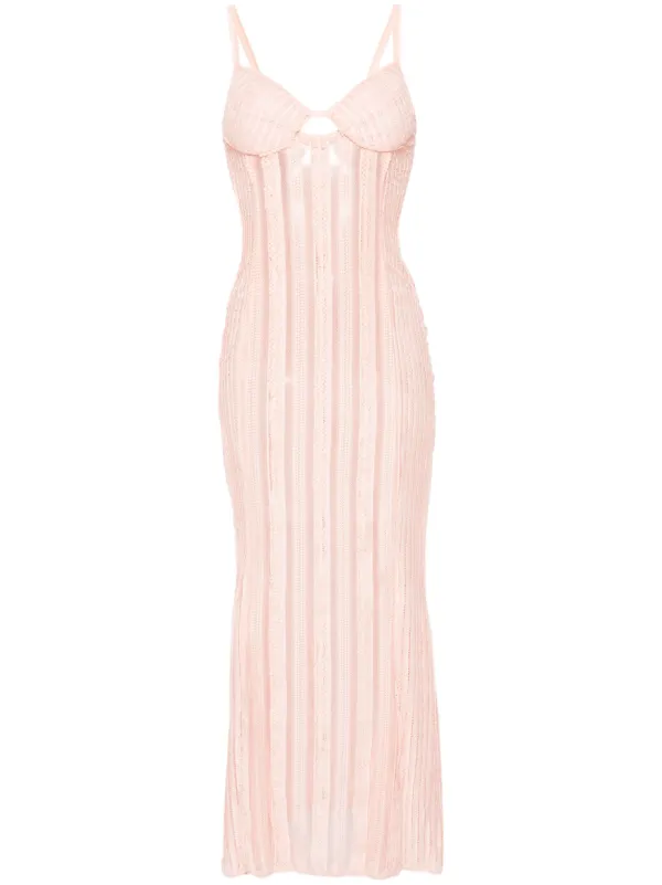 Dusty pink lace detail striped mesh midi dress clearance