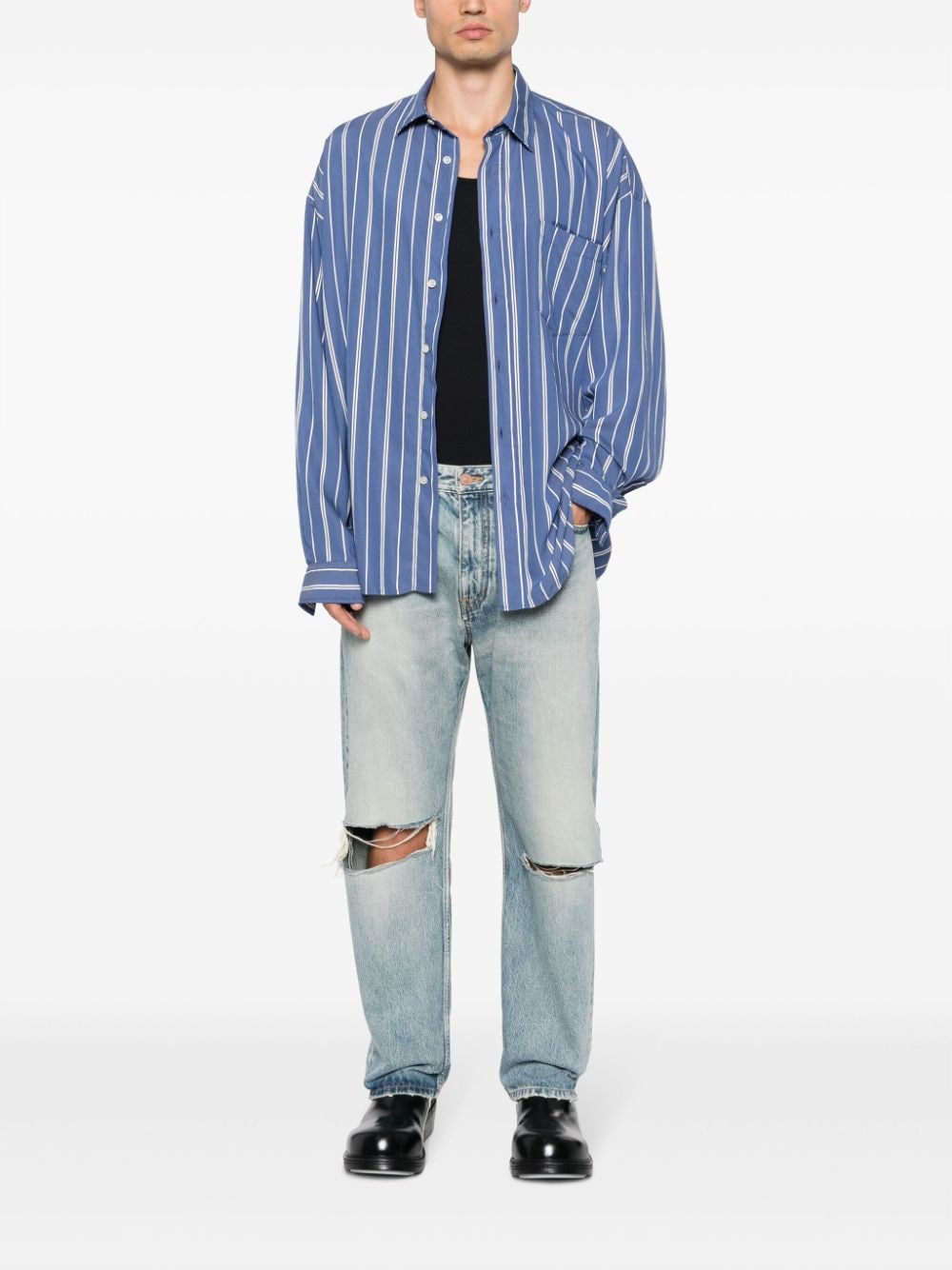 Shop Balenciaga Distressed Low-rise Wide-leg Jeans In Blue