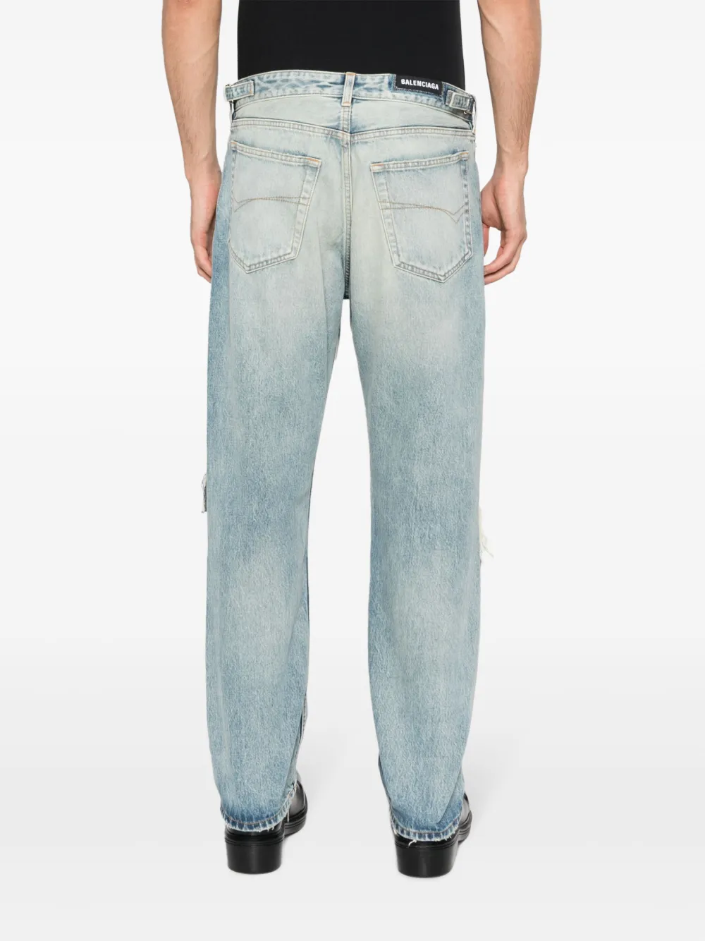 Shop Balenciaga Distressed Low-rise Wide-leg Jeans In Blue