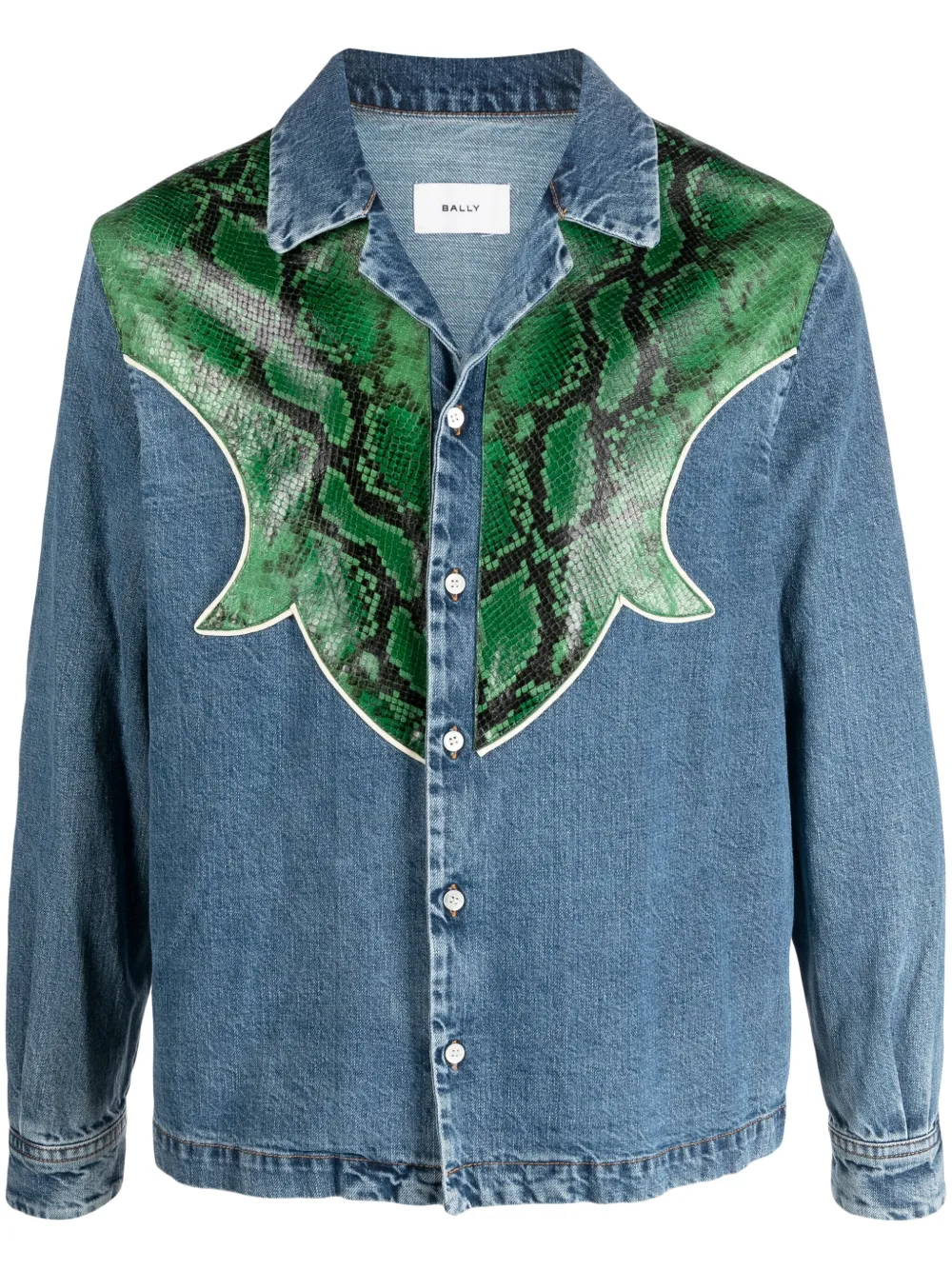 Bally Snakeskin Panelled Denim Shirt In Light Blue