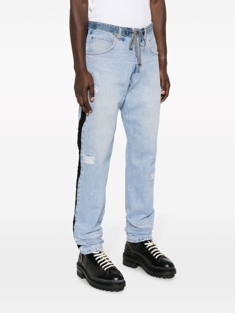 Shop Greg Lauren Side-stripe Tapered Drawstring Jeans In Blue