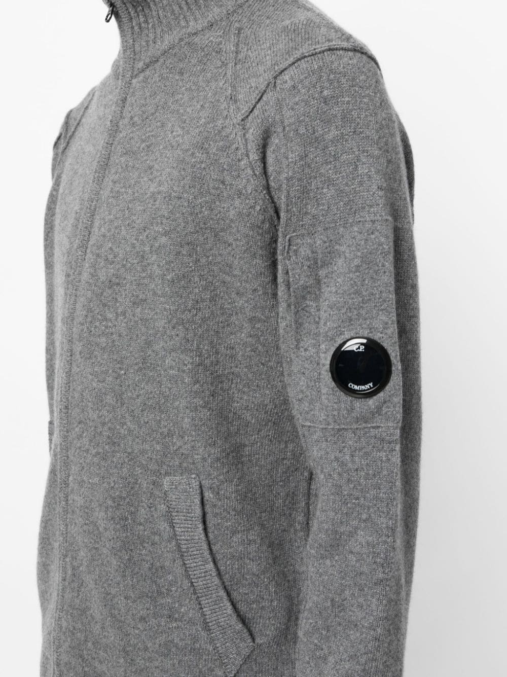 Shop C.p. Company Lens-detail Ribbed Cardigan In Grey