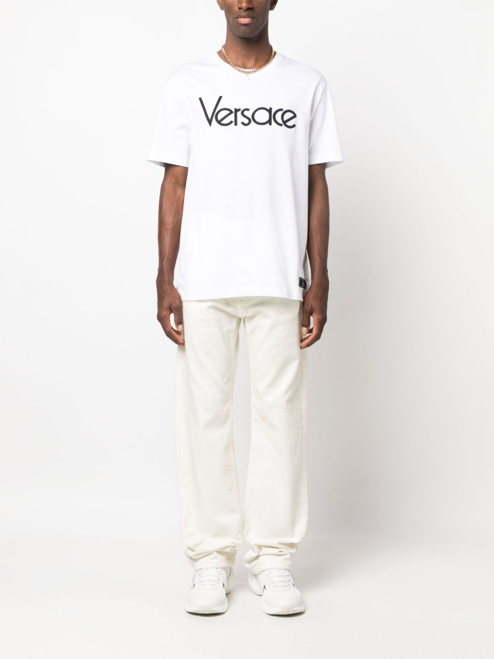 Shop Versace Logo-embroidered Cotton T-shirt In White