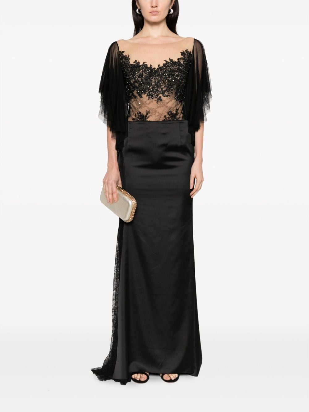 Shop Gemy Maalouf Floral-detailing Satin Maxi Skirt In Black