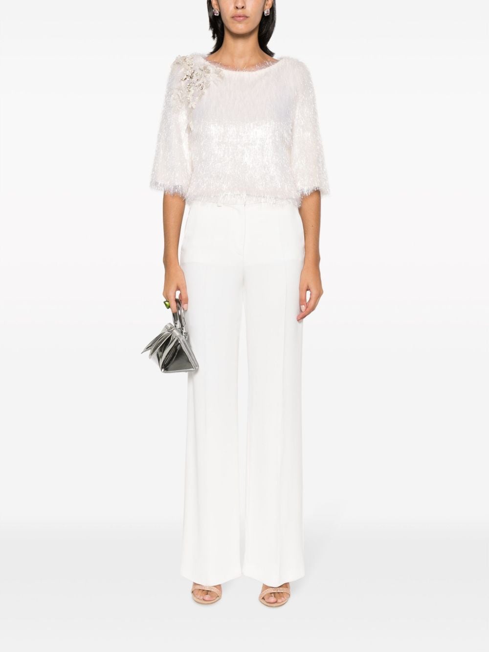 Shop Gemy Maalouf Crystal-detail Fringed Cropped Blouse In Neutrals