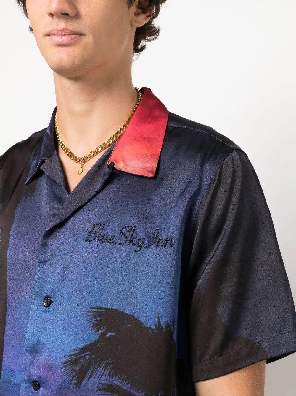 Blue Sky Inn Sunset Palms Short Sleeve Button-up Shirt In Blue