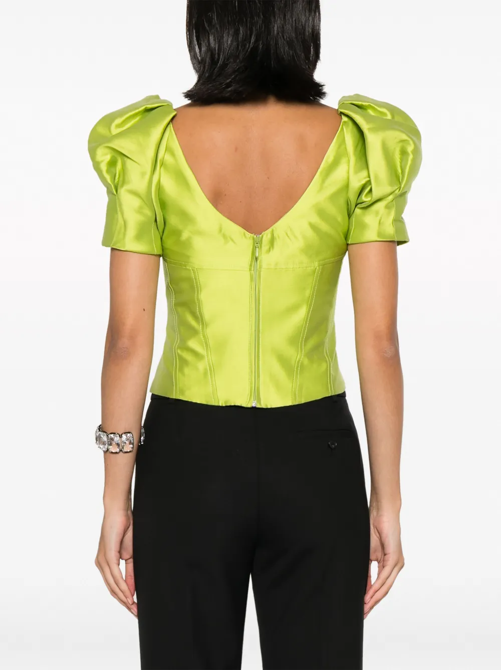 Shop Gemy Maalouf Puff-sleeve Satin Cropped Blouse In Green