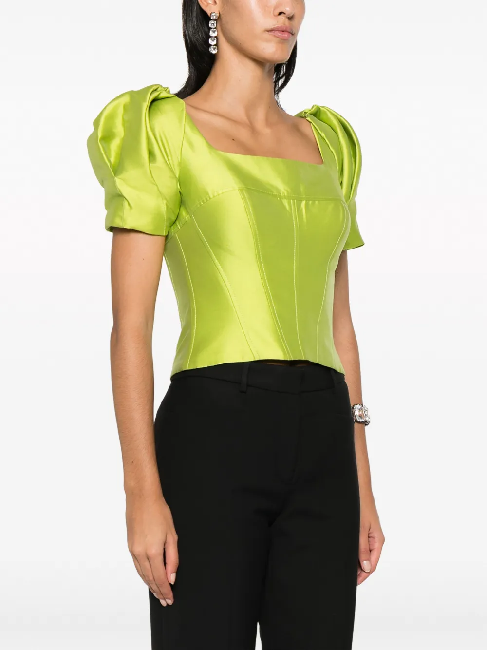 Shop Gemy Maalouf Puff-sleeve Satin Cropped Blouse In Green