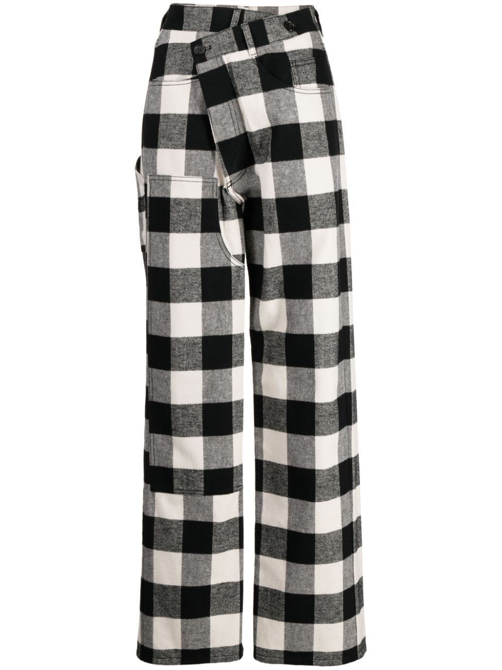 Pushbutton Check-print Wide-leg Trousers In Black