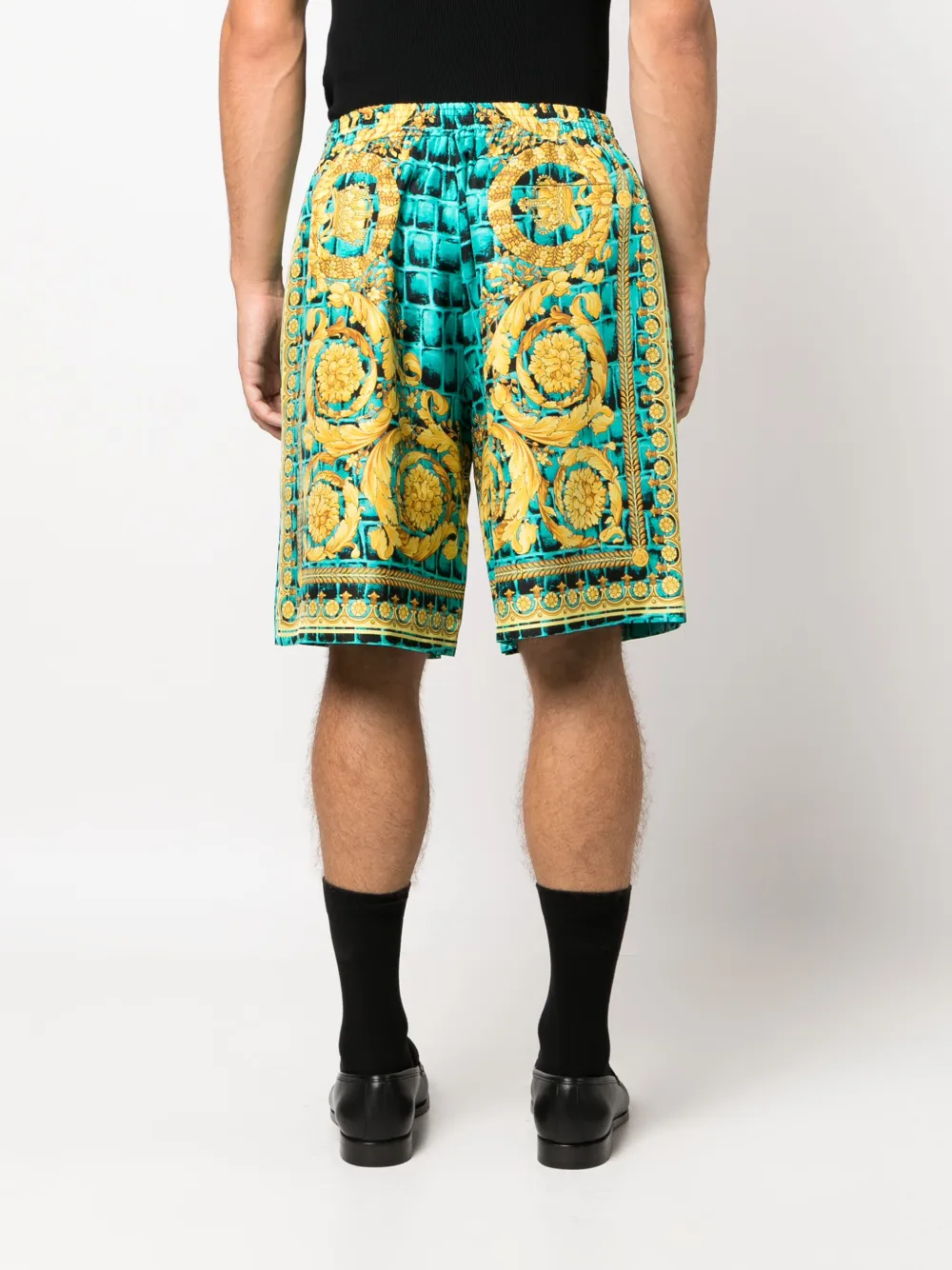 Shop Versace Baroccodile-print Silk Shorts In Black