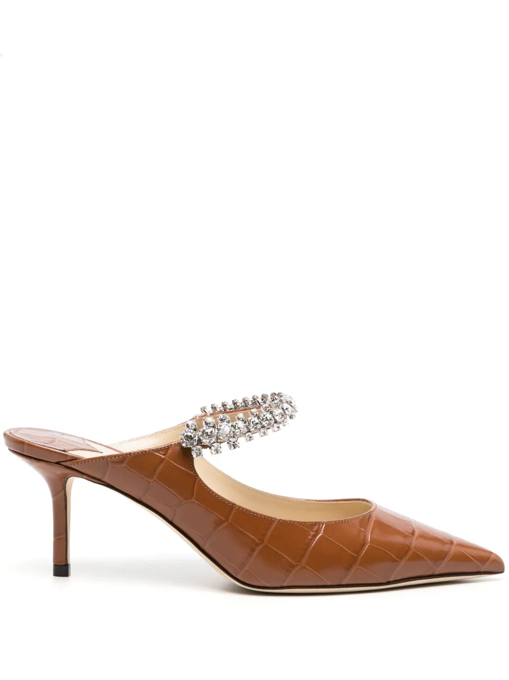 Jimmy Choo Bing 65 Crystal-embellished Croc-effect Leather Mules In Brown