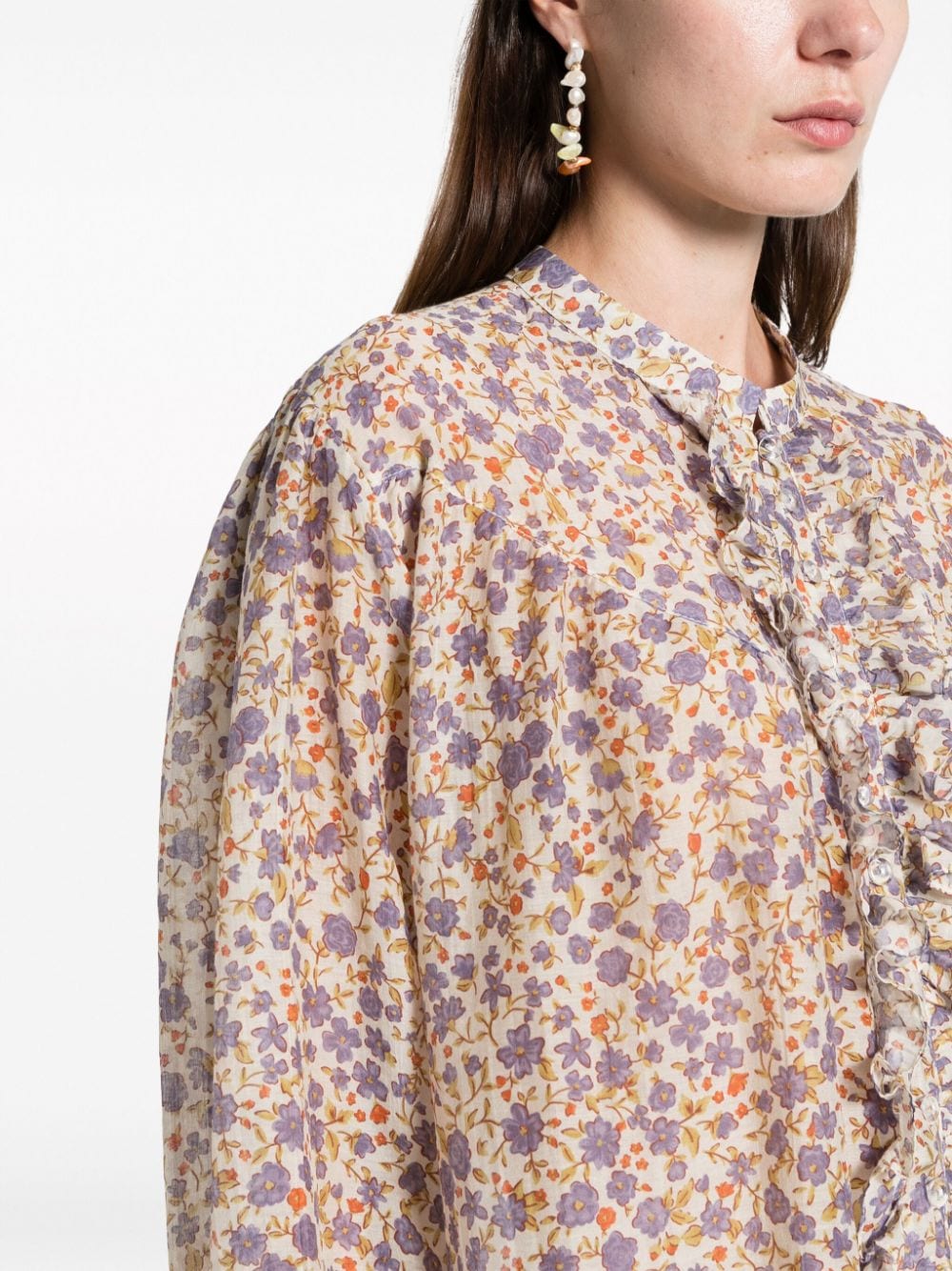 Shop Pnk Floral-print Ruffled Cotton-blend Shirt In Violett